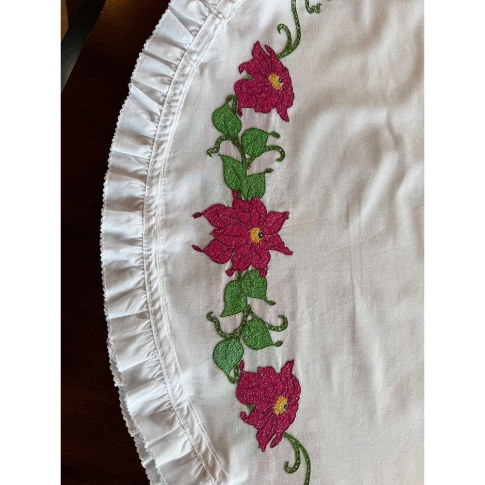 Vintage Christmas Round Tablecloth Pink Poinsettia‎ Embroidered Ruffle White 42